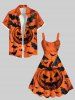 Plus Size Halloween Pumpkin Bat Print Buttons Pocket Shirt For Men -  