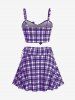 Plus Size Plaid Cinched Bowknot Padded Longline Bikini Three Piece Swimsuit -  