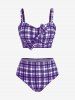 Plus Size Plaid Cinched Bowknot Padded Longline Bikini Three Piece Swimsuit -  