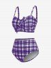 Plus Size Plaid Cinched Bowknot Padded Longline Bikini Three Piece Swimsuit -  