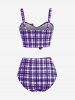 Plus Size Plaid Cinched Bowknot Padded Longline Bikini Three Piece Swimsuit -  