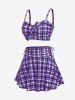Plus Size Plaid Cinched Bowknot Padded Longline Bikini Three Piece Swimsuit -  