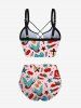 Bird Cherry Bowknot Rose Flower Heart Print Lace Up Tankini Swimsuit (Adjustable Shoulder Strap) - Rose clair 3X
