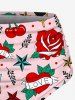 Bird Cherry Bowknot Rose Flower Heart Print Lace Up Tankini Swimsuit (Adjustable Shoulder Strap) - Rose clair 3X