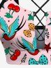 Bird Cherry Bowknot Rose Flower Heart Print Lace Up Tankini Swimsuit (Adjustable Shoulder Strap) - Rose clair 3X