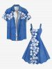 Plus Size Flowers Marled Tropical Print Buttons Pocket Hawaii Shirt For Men -  
