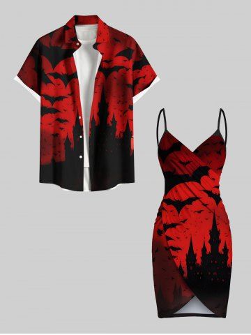 Halloween Bat Moon Castle Print Plus Size Matching Outfit For Couples - RED