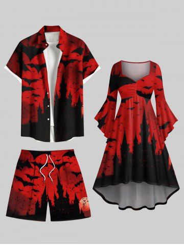 Halloween Bat Moon Castle Print Plus Size Matching Outfit For Couples - RED