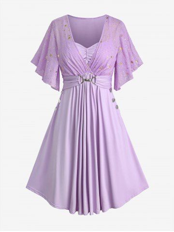 Plus Size Stars Print Buckle Button Pockets Ruched Butterfly Sleeves Dress - PURPLE - L | US 12