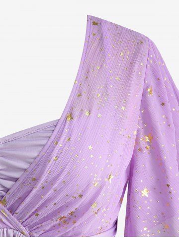 Plus Size Stars Print Buckle Button Pockets Ruched Butterfly Sleeves Dress
