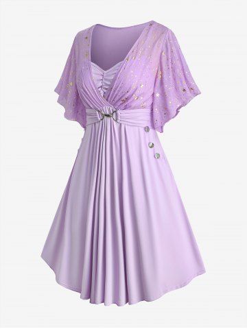 Plus Size Stars Print Buckle Button Pockets Ruched Butterfly Sleeves Dress