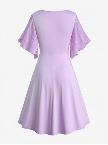 Plus Size Stars Print Buckle Button Pockets Ruched Butterfly Sleeves Dress