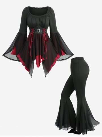 Ruched Lace-up Tulip Hem Flare Sleeve Top and Sheer Mesh Patchwork Ruffles Flare Pants Plus Size Outfit - BLACK