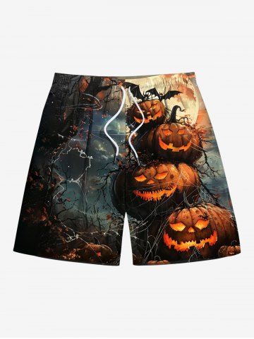 Plus Size Halloween Pumpkin Spider Web Bat Print Beach Shorts For Men - BLACK - 8XL
