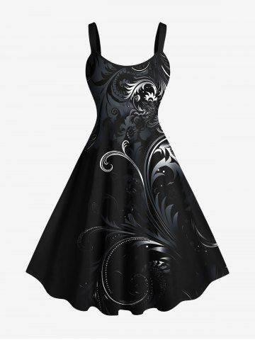Plus Size Floral Pattern Print Hawaii Tank Dress - BLACK - XXS