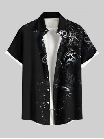 Plus Size Floral Pattern Print Buttons Pocket Hawaii Shirt For Men - BLACK - M