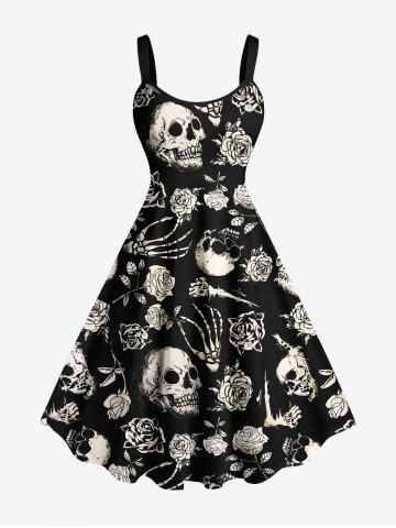 Plus Size Halloween Skulls Rose Flower Skeleton Claw Print Tank Dress