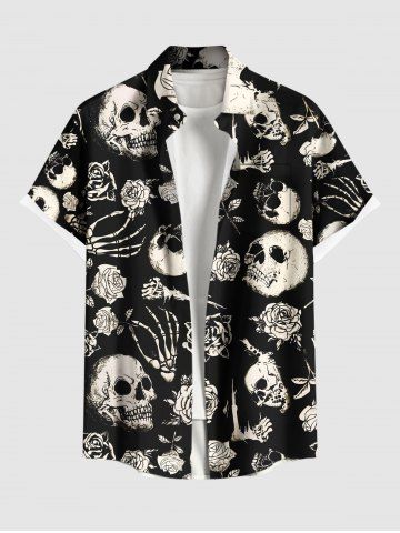 Plus Size Halloween Skulls Skeleton Claw Rose Flower Print Buttons Pocket Shirt For Men - BLACK - M