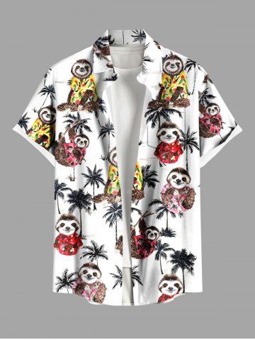 Plus Size Coconut Tree Sloth Print Buttons Pocket Hawaii Shirt For Men - WHITE - 6XL