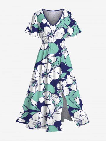 Plus Size Hibiscus Flower Leaf Tropical Print Split Hawaii Midi Dress - SKY BLUE - XS