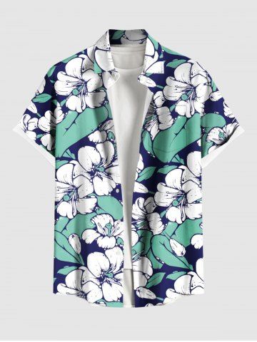 Plus Size Hibiscus Flower Leaf Tropical Print Buttons Pocket Hawaii Shirt For Men - SKY BLUE - 6XL