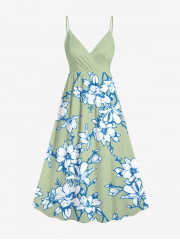 Plus Size Flowers Leaf Tropical Print Surplice Hawaii Cami Dress - GREEN - 6X