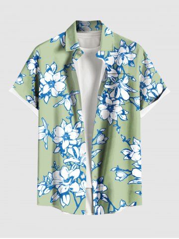 Plus Size Flowers Leaf Tropical Print Buttons Pocket Hawaii Shirt For Men - GREEN - 6XL