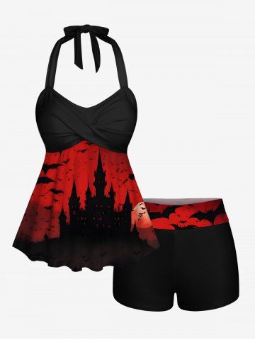 Bat Moon Castle Print Halloween Ombre Twist Halter Backless Boyleg Tankini Swimsuit - BLACK - 4X