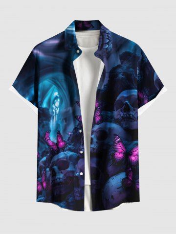 Plus Size Ombre Skull Butterfly Print Halloween Button Pocket Shirt For Men - NAVY BLUE - M