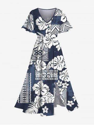 Plus Size Tropical Leaf Hibiscus Flower Ethnic Graphic Print Hawaii Split Pocket A Line Midi Dress - DEEP BLUE - 5X