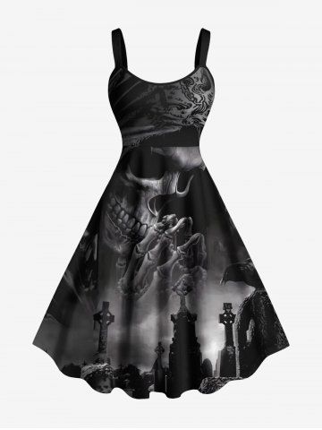 Plus Size Halloween Skull Cross Crow Print Tank Dress - BLACK - 1X