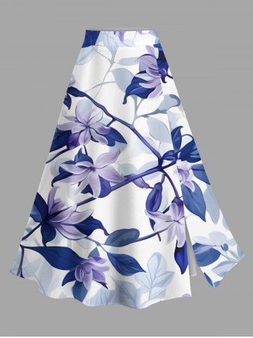 Plus Size Flowers Leaf Print Hawaii Skirt - BLUE - 6X