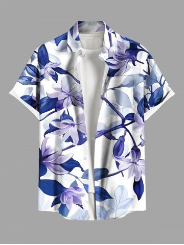 Plus Size Flowers Leaf Print Buttons Pocket Hawaii Shirt For Men - WHITE - 3XL