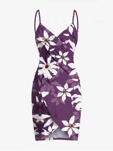 Plus Size Ombre Flower Print Hawaii Convertible Beach Cover Up - PURPLE - XS