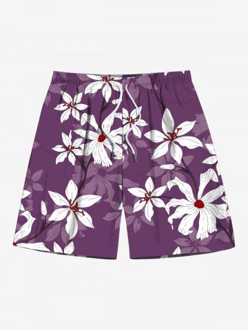 Plus Size Ombre Flower Print Hawaii Drawstring Beach Shorts For Men - PURPLE - 4XL
