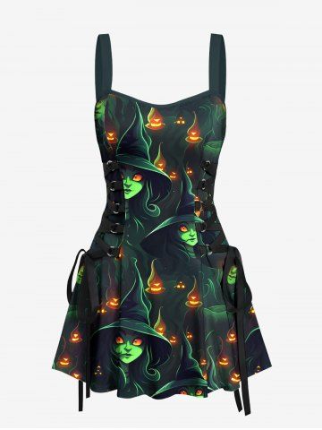 Wizard Pumpkin Print Halloween Lace Up A Line Tank Dress - BLACK - S