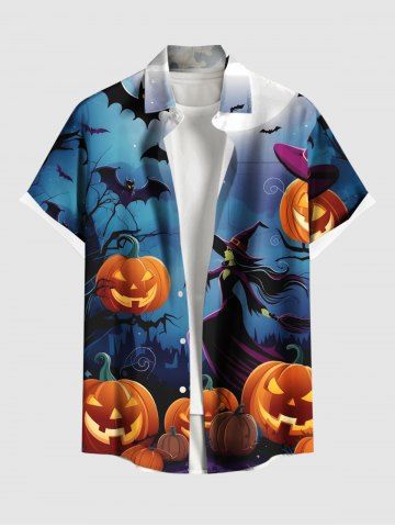 Plus Size Pumpkin Wizard Bat Moon Ombre Galaxy Print Halloween Button Pocket Shirt For Men - SKY BLUE - S