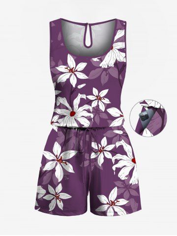 Plus Size Ombre Flower Print Hawaii Drawstring Pocket Romper - PURPLE - L