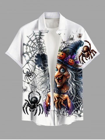 Plus Size Wizard Pumpkin Spider Web Print Halloween Button Pocket Shirt For Men - WHITE - 6XL