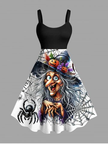 Plus Size Wizard Pumpkin Spider Web Print Halloween A Line Tank Dress - BLACK - 2X