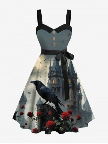 Plus Size Crow Rose Flower Castle Moon Ombre Galaxy Print Halloween Button A Line Dress with Removable Belt - BLACK - 6X