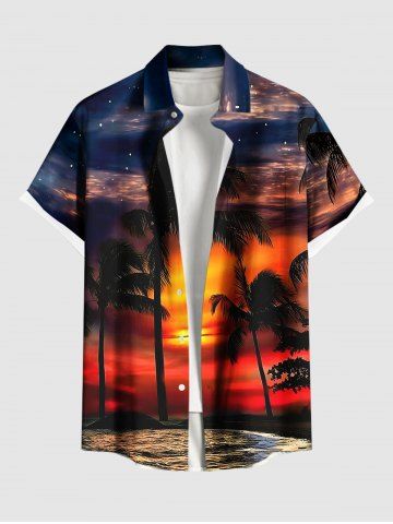 Plus Size Coconut Tree Sea Ombre Dusk Sunset Galaxy Print Hawaii Button Pocket Shirt For Men - ORANGE - 3XL