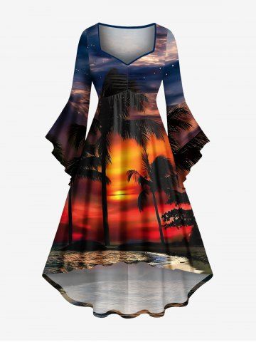 Plus Size Coconut Tree Sea Ombre Dusk Sunset Galaxy Print Hawaii Ruched High Low Asymmetric Dress - ORANGE - 4X