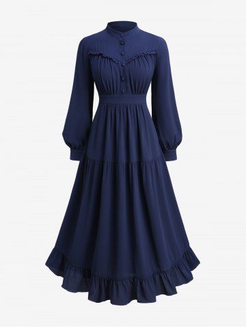 Plus Size Lantern Sleeves Buttons Ruffles Solid A Line Dress - DEEP BLUE - 5X | US 30-32