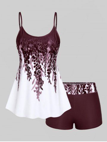 Plus Size Ombre Floral Print Boyleg Tankini Swimsuit (Adjustable Shoulder Strap) - DEEP RED - L | US 12