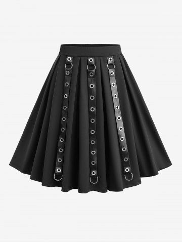 Jupe courte trapèze à œillets et bretelles en PU - BLACK - XXL