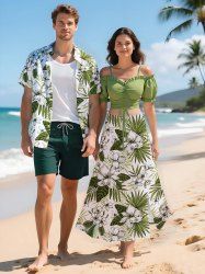 Flowers Tropical Leaf Print Plus Size Matching Hawaii Beach Outfit For Couples -  
