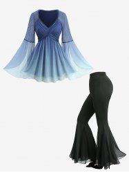 Haut en dentelle ombrée à manches évasées et pantalon évasé en maille transparente à volants, tenue grande taille - Bleu profond 