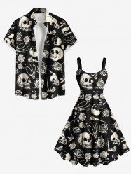 Tenue d'Halloween grande taille assortie pour couples, motif crânes, roses, squelettes et griffes - Noir 