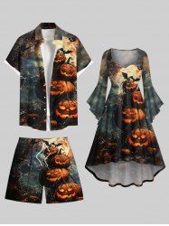 Costume d'Halloween citrouille chauve-souris toile d'araignée lune imprimé grande taille tenue assortie pour couples - Noir 